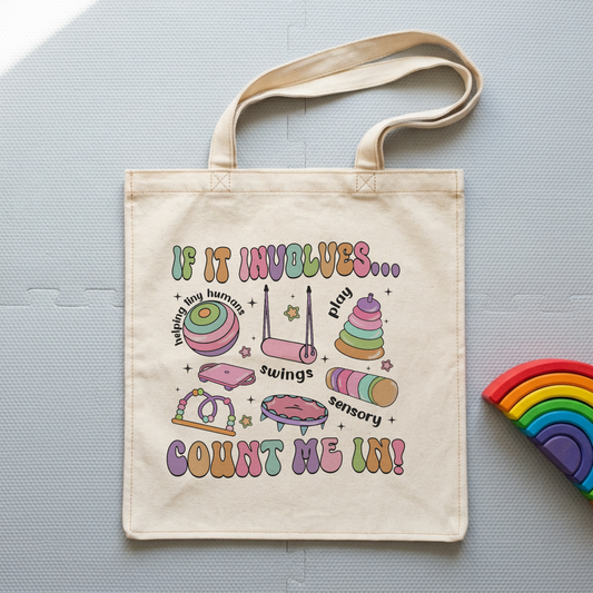 Perfect for the optimist in you. This versatile canvas tote features a playful "Count Me In" design ideal for carrying essentials to weekend adventures, farmers markets, or casual outings. Durable construction and comfortable handles make it a reliable everyday companion. Whether you're heading to a fun event or just running errands, this tote lets your enthusiasm show.