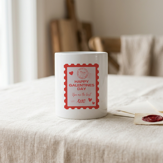 Celebrate love with this charming mug featuring "Happy Galentines Day" in warm, inviting lettering. Perfect for sharing coffee or tea with someone special, this ceramic mug adds a touch of romance to everyday moments. Durable, dishwasher-safe, and ideal for Valentine's Day gifts or treating yourself to a little extra love.