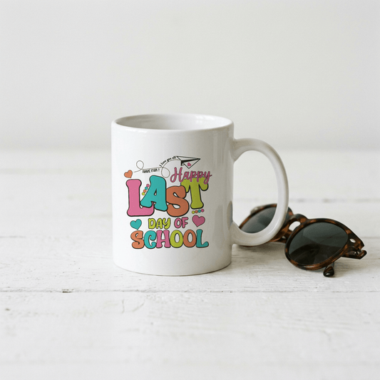 Celebrate the end of the school year with this cheerful mug featuring a vibrant "Happy Last Day of School" design. Perfect for students, teachers, or anyone marking this milestone moment. The festive artwork captures the joy and excitement of summer freedom. Whether it's a gift for a graduating student or a fun treat for yourself, this mug makes every sip feel like a celebration. Ideal for morning coffee, hot chocolate, or cold beverages throughout the day.