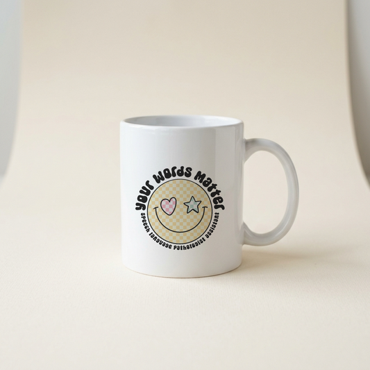 Start your morning with intention. This ceramic mug features an inspiring "Your Words Matter" design, reminding you daily that communication shapes your world. Perfect for coffee, tea, or your favorite warm beverage, it's a thoughtful gift for writers, teachers, speakers, or anyone who values the power of language. Durable glazed finish withstands everyday use. Dishwasher safe for easy cleanup.